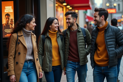 Groupe de jeunes adultes sortant d'un cinéma urbain animé
