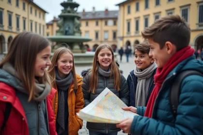 Jeunes &eacute;tudiants en visite guid&eacute;e dans une place historique