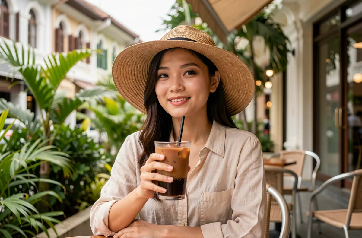 Femme assise en terrasse à Kuala Lumpur par temps sec et chaud pendant la meilleure saison pour visiter