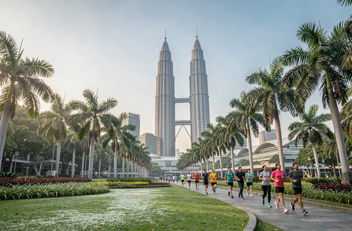 Tours Petronas et parc KLCC à Kuala Lumpur par ciel clair lors de la saison sèche idéale pour les touristes