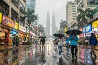 Rue animée de Kuala Lumpur sous une pluie de mousson tropicale avec reflets sur l'asphalte mouillé