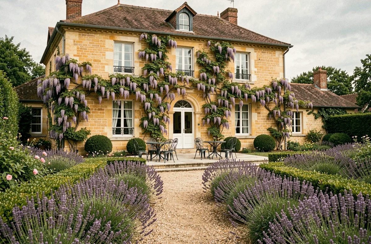 Façade en pierre de taille de La Gabetière à Estrablin, entourée d'un jardin soigné avec mobilier en fer forgé et haies de lavande sur une terrasse en gravier