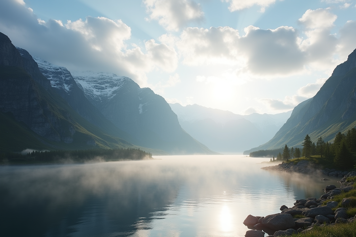 Lever de soleil sur un fjord norvegien calme en août