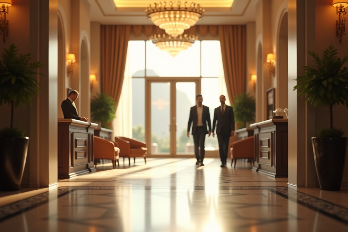 Hall d'hôtel élégant avec lumière naturelle et mobilier raffiné