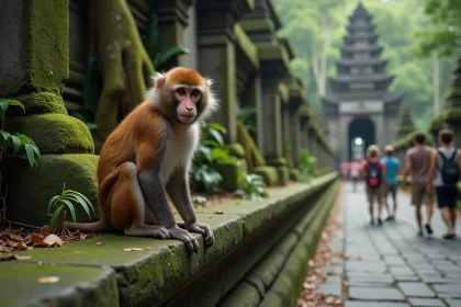 Macaque à longue queue perché sur un mur de temple en pierre mousse à la Monkey Forest d'Ubud, Bali, entouré d'une végétation tropicale dense
