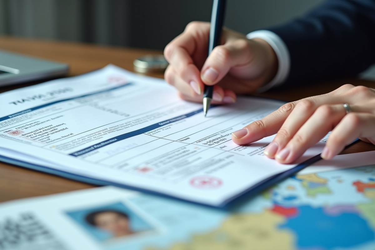 Mains remplissant un formulaire de visa sur un bureau