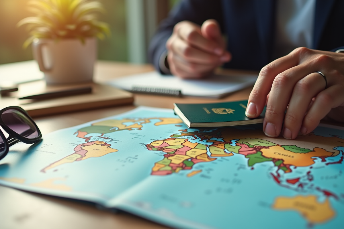Mains posant un passeport sur un bureau de voyage
