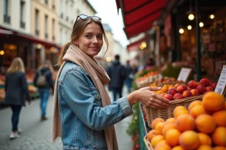 Femme souriante achetant des abricots au marché de Lyon