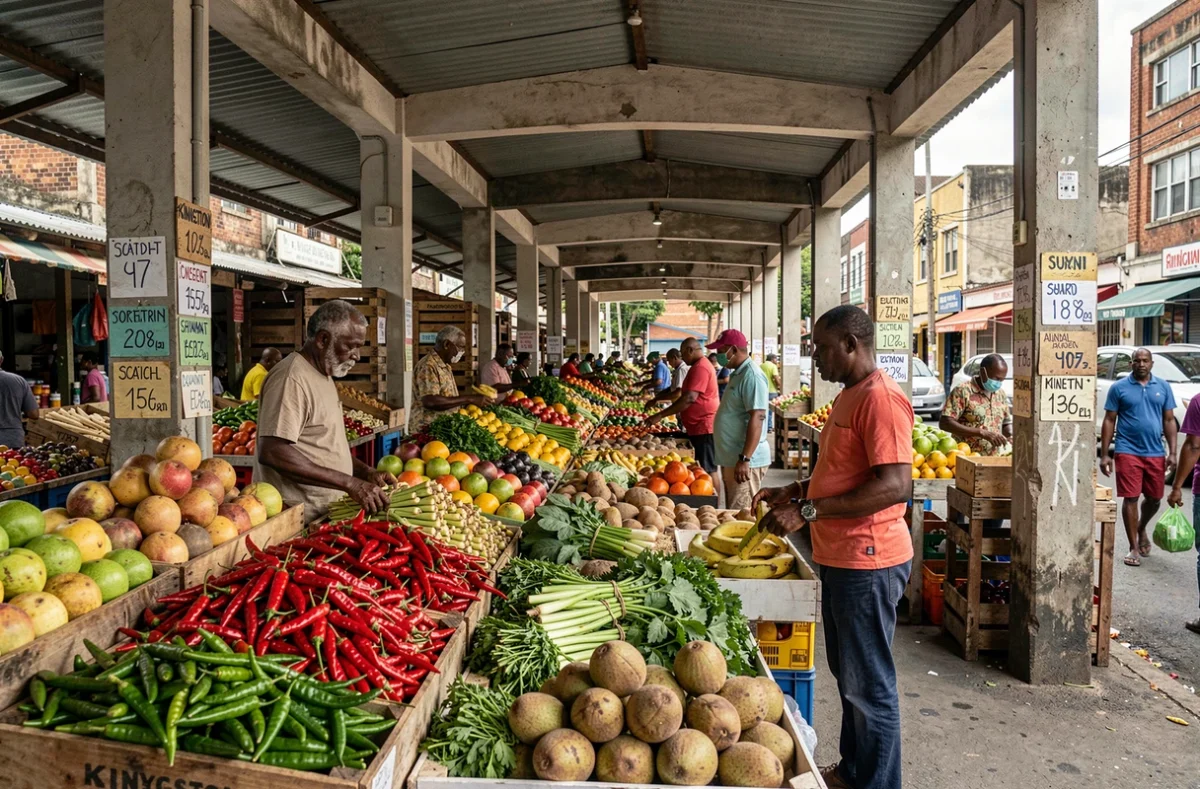 Vue panoramique d'un marché alimentaire en plein air à Kingston avec des étals colorés de fruits tropicaux et épices jamaïcaines