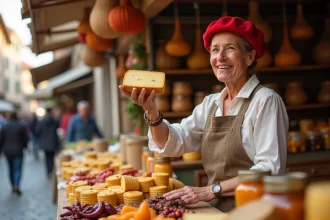 Femme basque en béret rouge vendant du fromage de brebis sur un marché artisanal traditionnel au Pays Basque