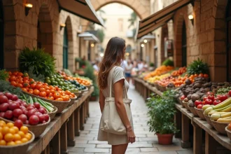 Femme faisant ses courses dans un marché bio de Palma de Majorque lors d'un city trip éco-responsable