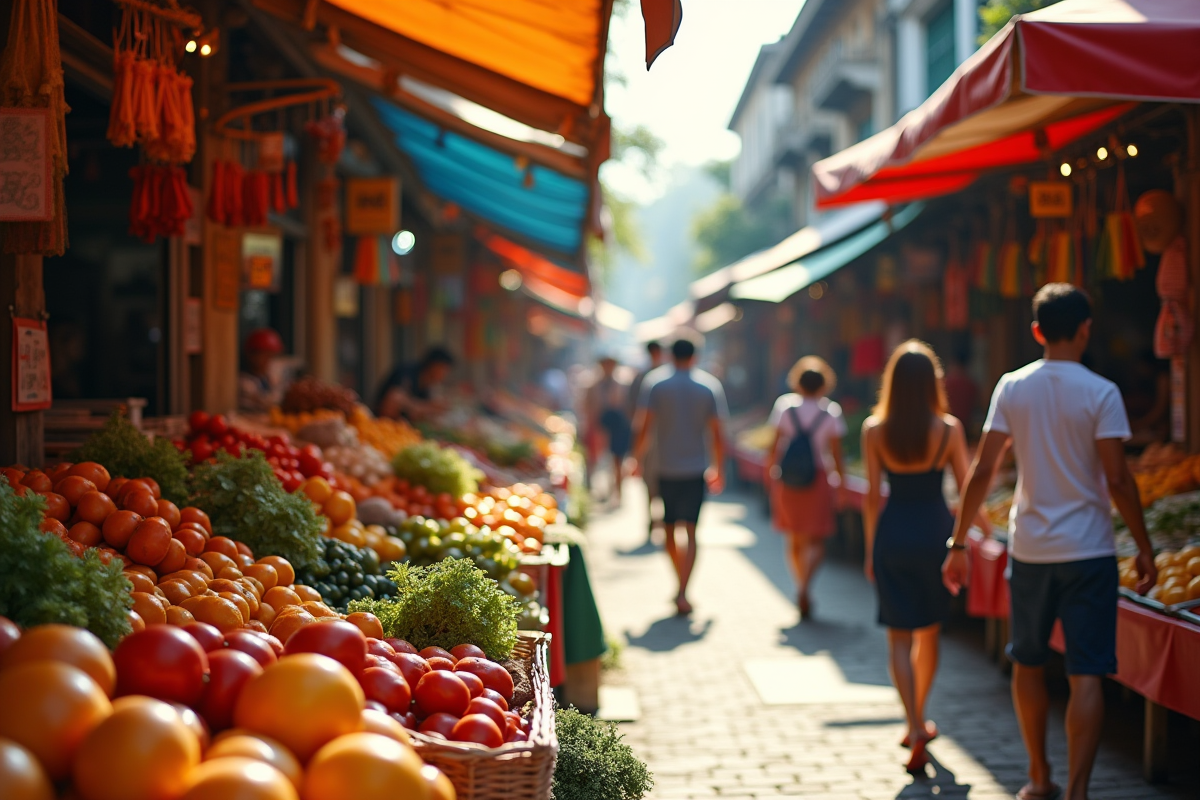 Marché coloré en plein air en Asie du Sud-Est avec locaux et touristes