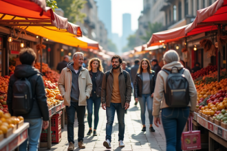 Groupe divers d'adultes au marché en plein air animé