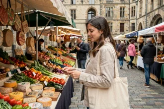 Jeune femme faisant ses courses dans un marché en plein air à Liège, Belgique, illustration du budget serré en ville belge