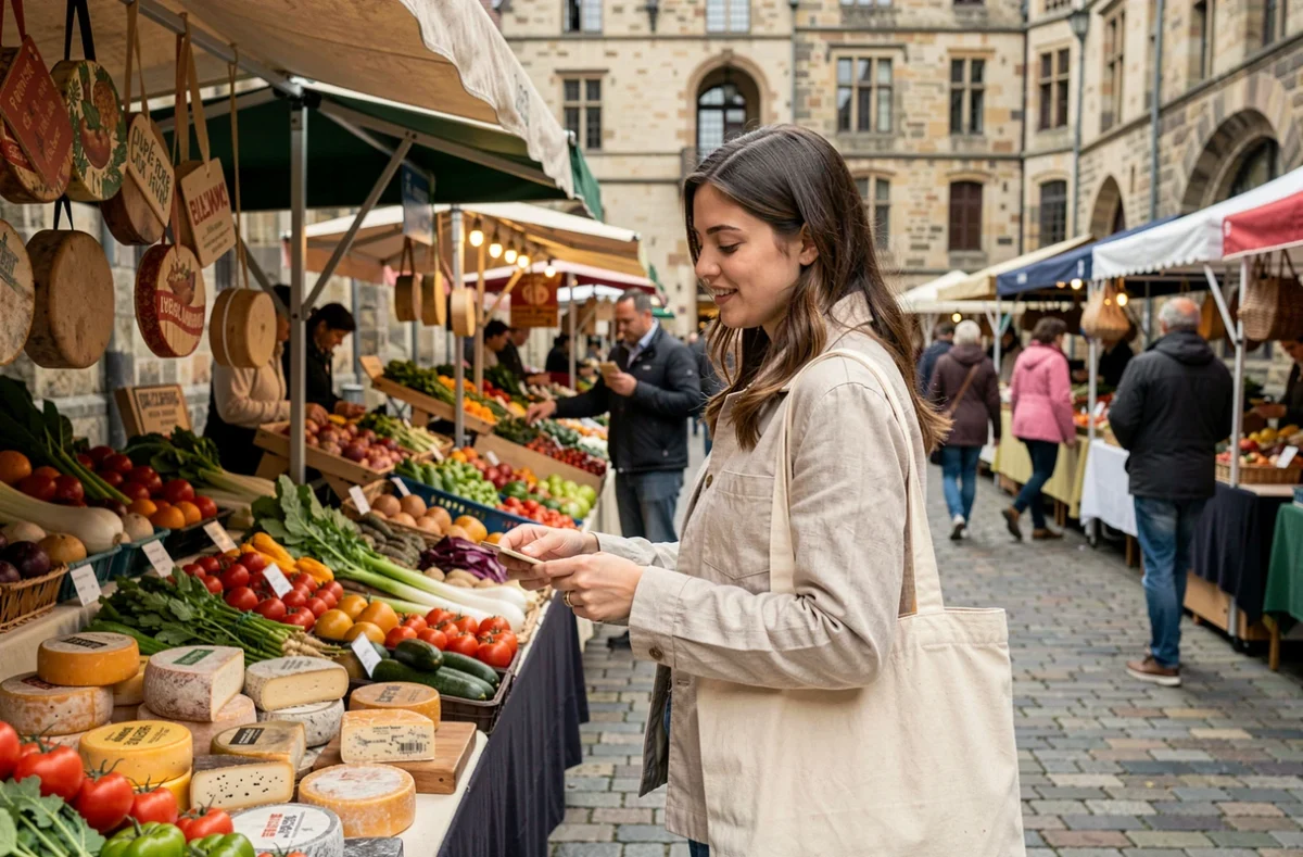 Jeune femme faisant ses courses dans un marché en plein air à Liège, Belgique, illustration du budget serré en ville belge