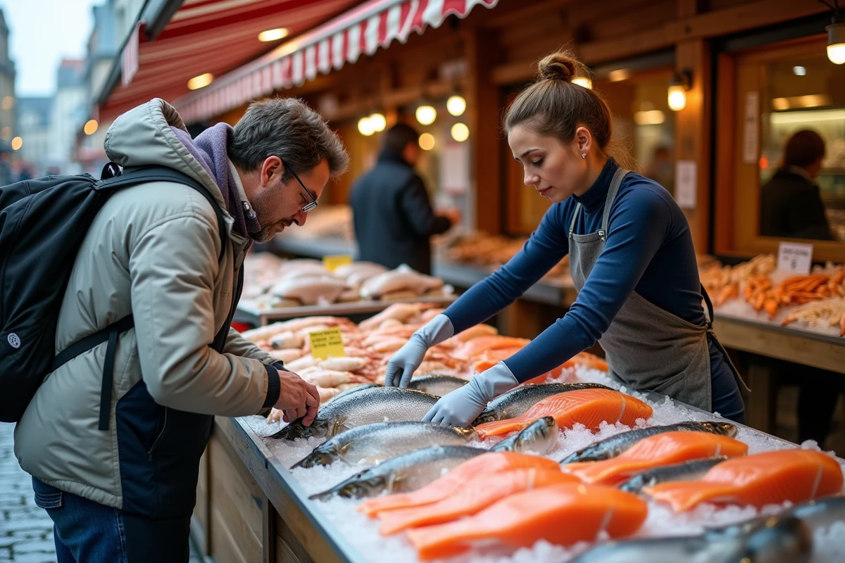 Le marché aux poissons Torget de Bergen avec des étals de fruits de mer frais et une vendeuse en tablier marine