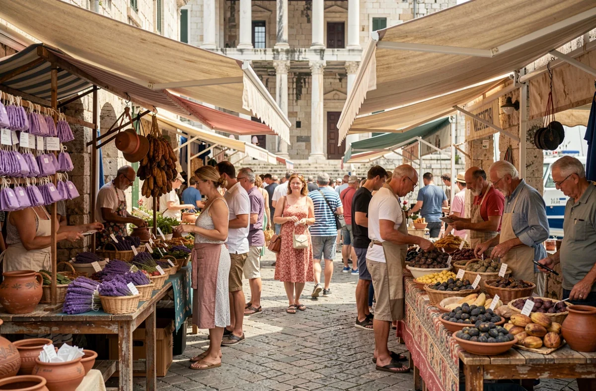 Touristes en croisière visitant le marché du port de Split près du Palais de Dioclétien en Croatie