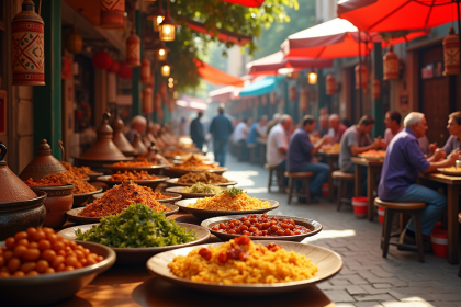 Marché de rue marocain coloré avec plats traditionnels