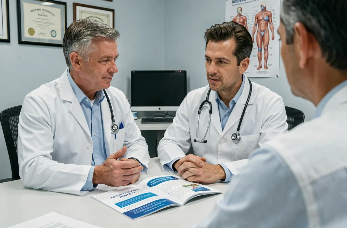 Médecin expliquant les options de visa médical à un patient lors d'une consultation dans un cabinet professionnel