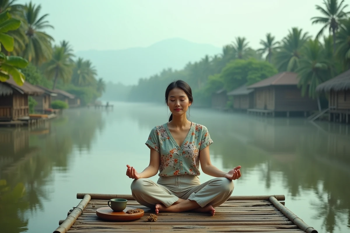 Femme en méditation matinale sur une terrasse en bambou d'un éco-lodge au bord du Mékong au Cambodge