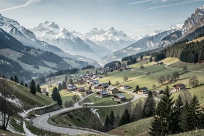 Vue panoramique d'un village alpin niché dans les montagnes de l'Isère, entouré de forêts de pins et de sommets enneigés
