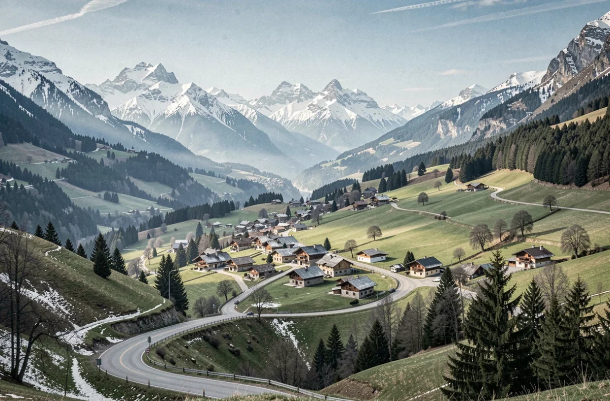 Vue panoramique d'un village alpin niché dans les montagnes de l'Isère, entouré de forêts de pins et de sommets enneigés