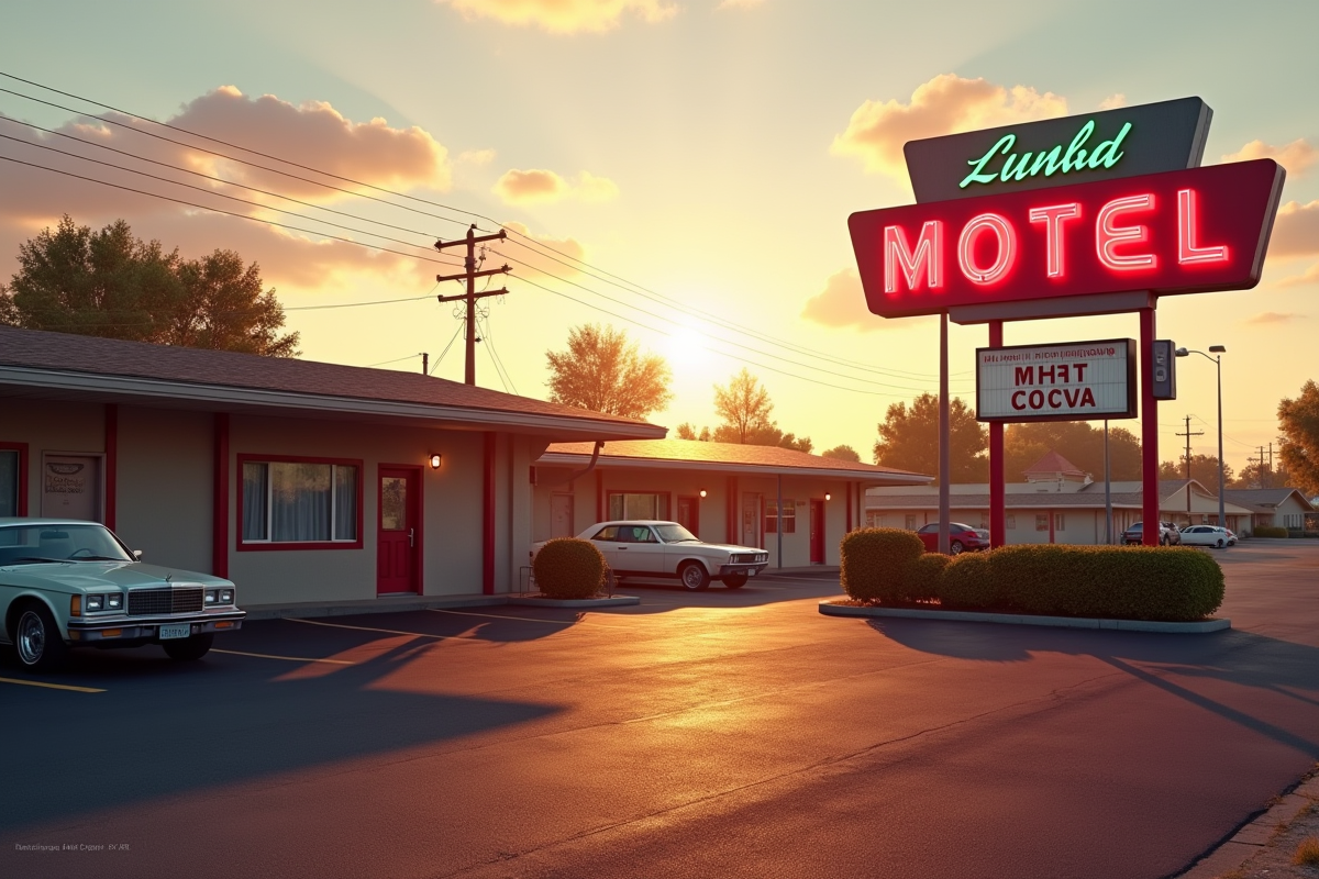 Façade de motel au coucher du soleil avec enseigne néon