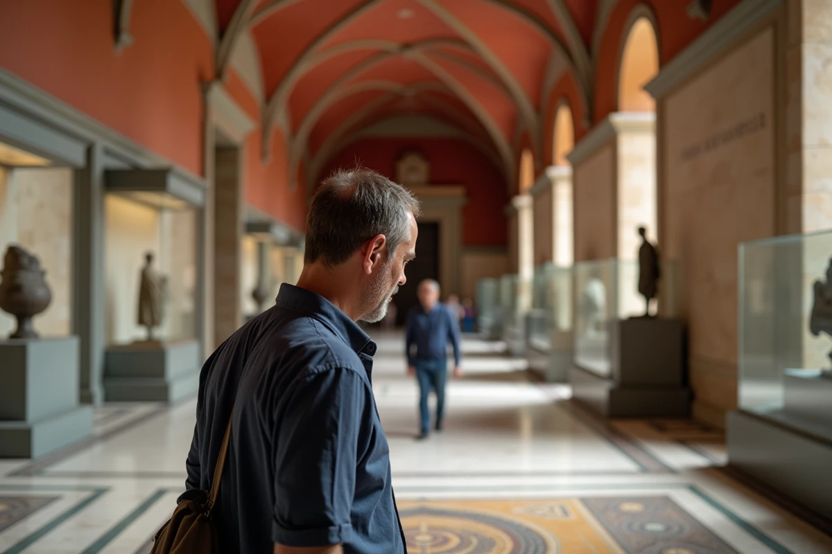 Visiteur admirant une mosa&iuml;que romaine dans la galerie du Museo Archeologico Nazionale di Napoli