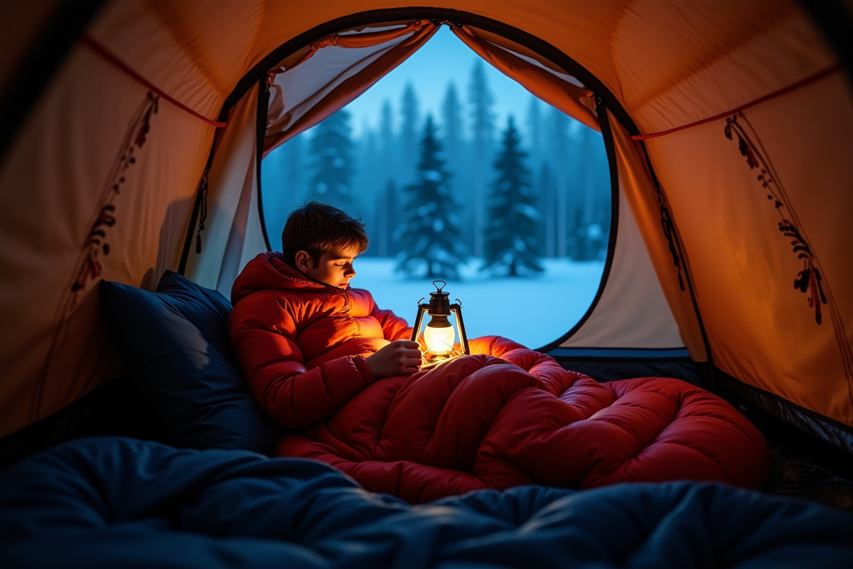 Personne dans une tente la nuit avec lampe et condensation