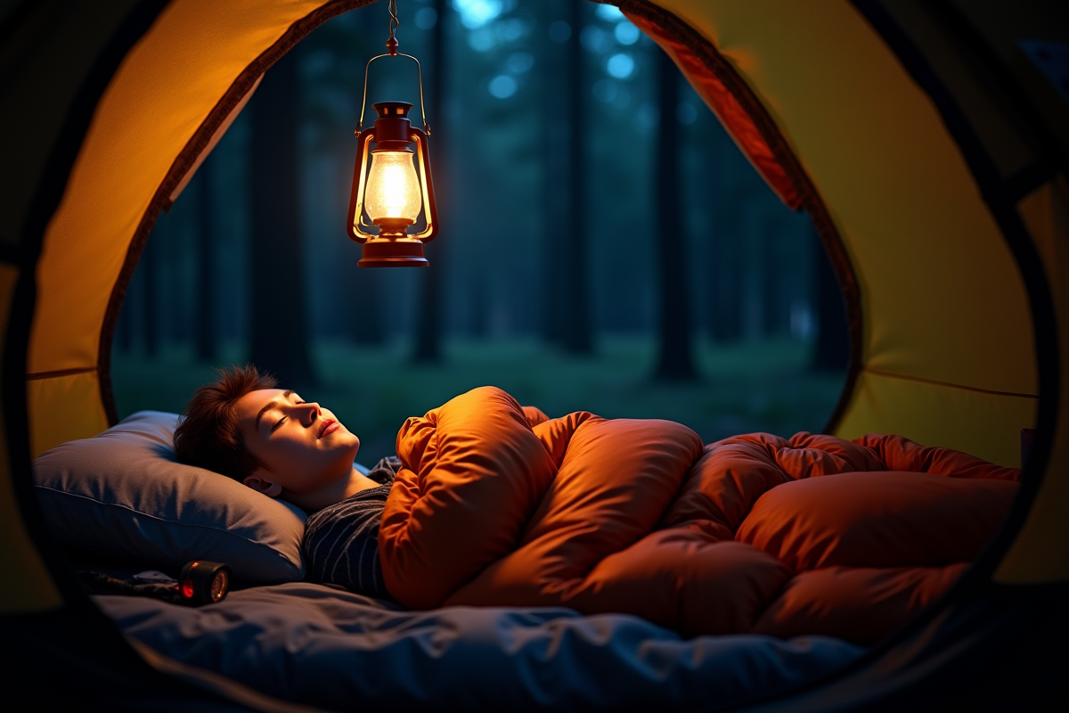 Personne dormant dans une tente éclairée doucement
