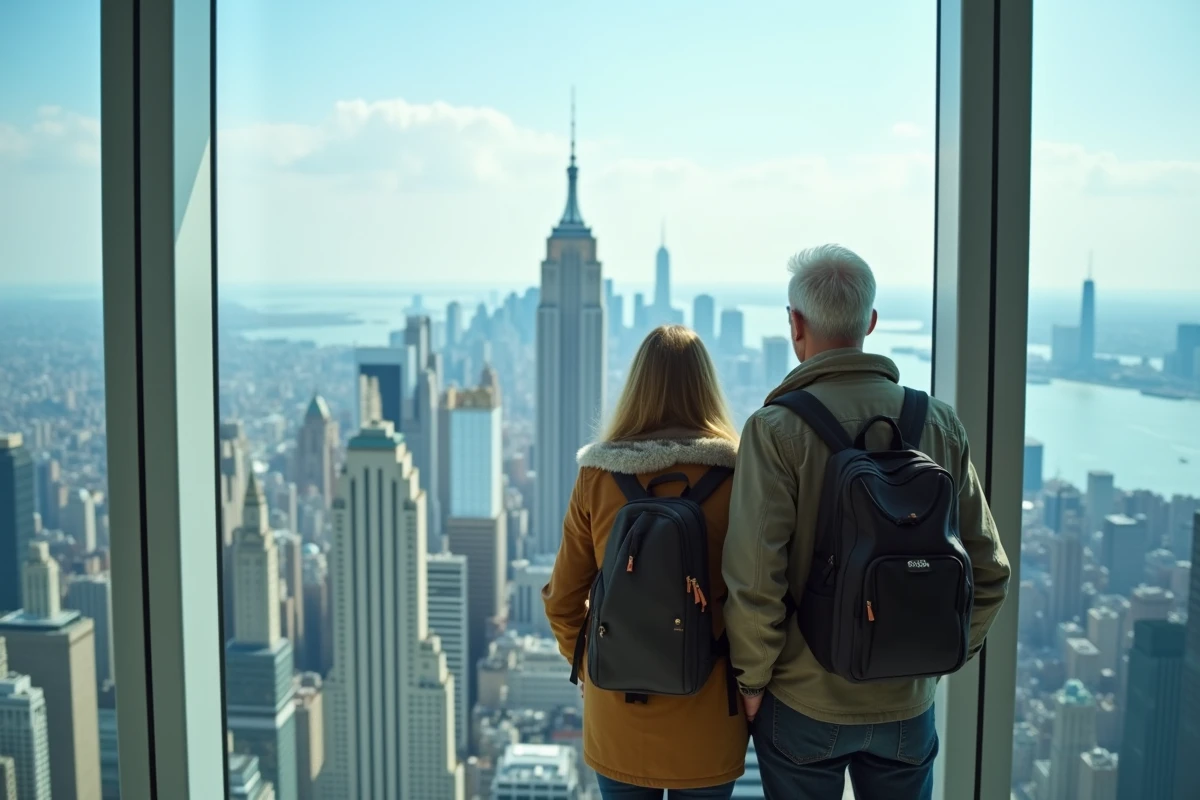Couple observant le panorama de Manhattan depuis l'observatoire du One World Trade Center