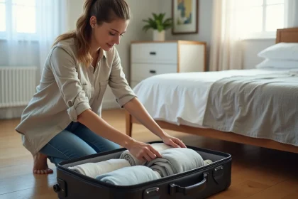 Femme organisant ses vêtements dans une valise de voyage ouverte sur le sol d'une chambre