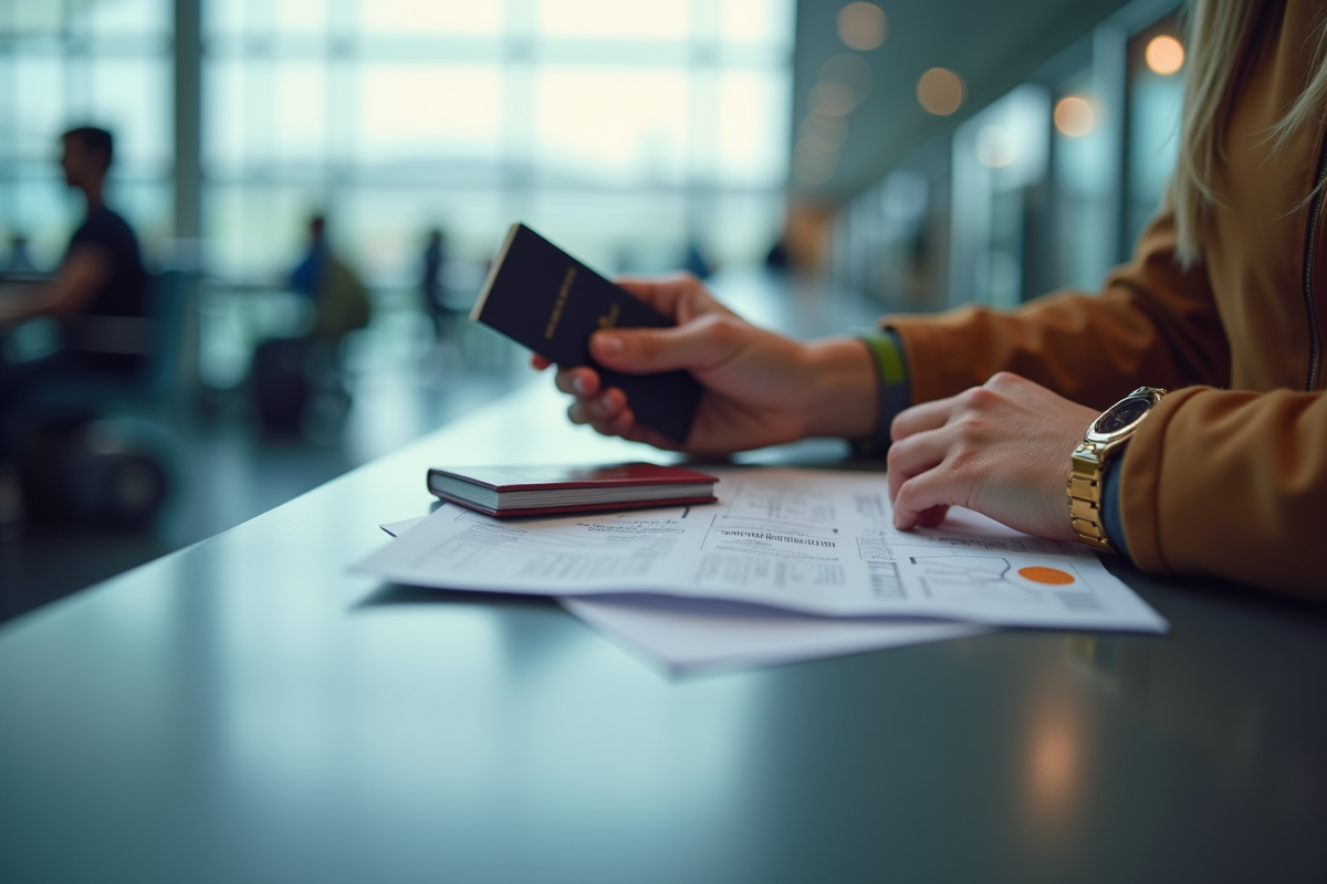 Mains organisant passeports et documents de voyage à l'aéroport