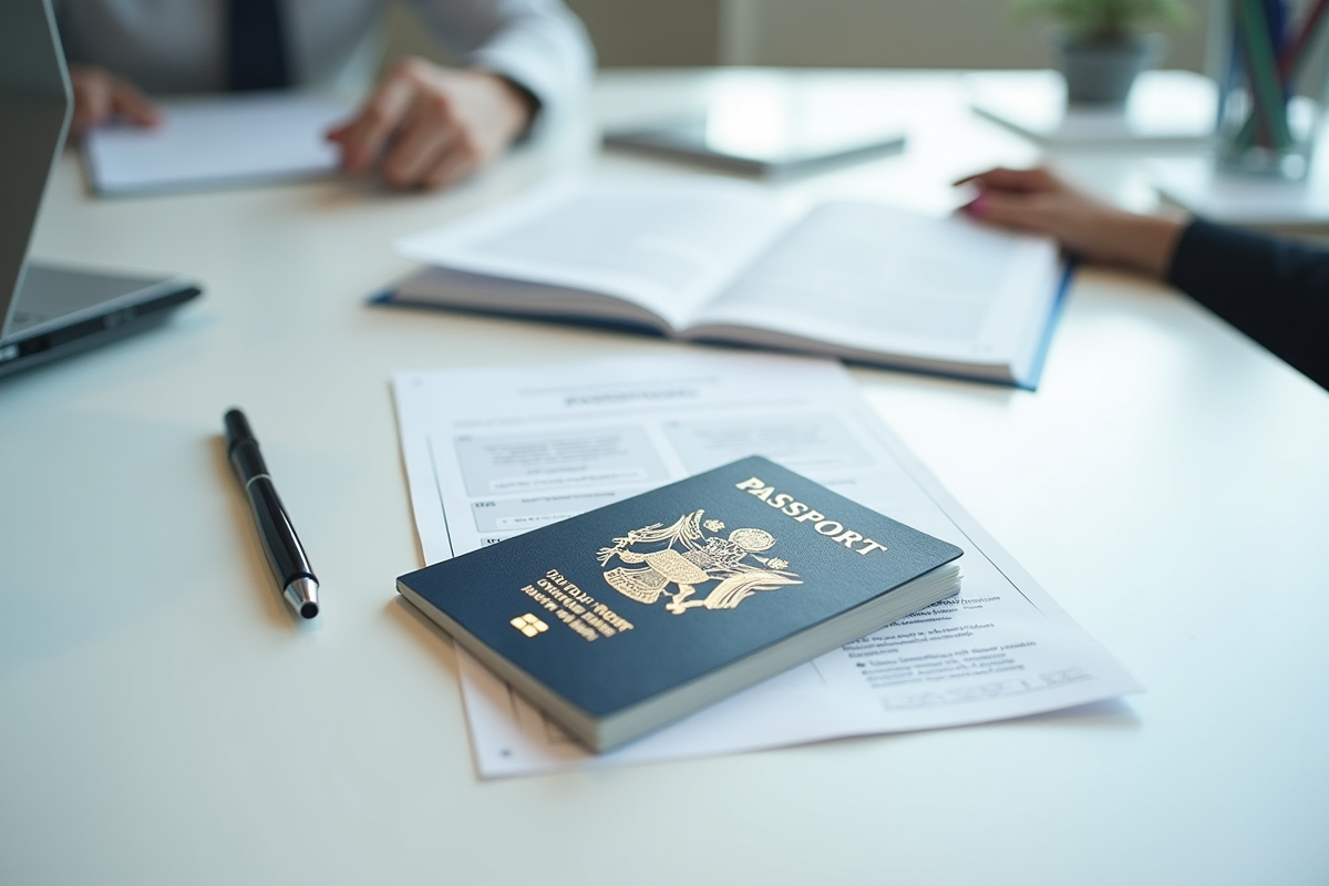 Page photocopiee d un passeport sur une table avec documents
