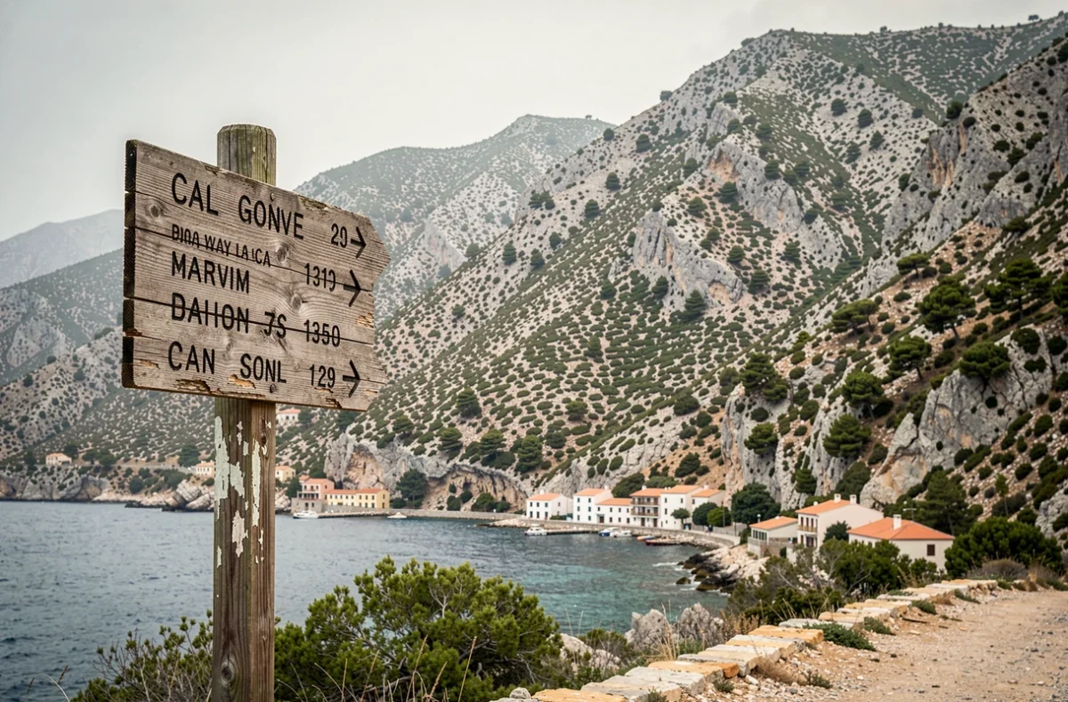 Panneau de randonnée à Cala Gonone avec vue sur les montagnes vers les gorges de Gorropu