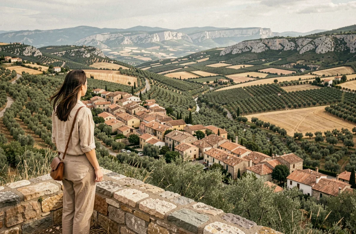Vue panoramique de la campagne sicilienne depuis les hauteurs de Corleone avec toits en tuile et champs d'oliviers