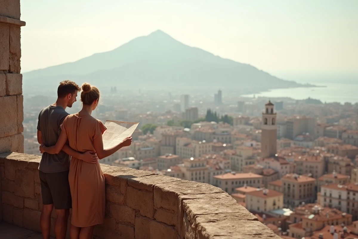 Couple contemplant le panorama de Naples et le V&eacute;suve depuis la terrasse du Castel Sant'Elmo