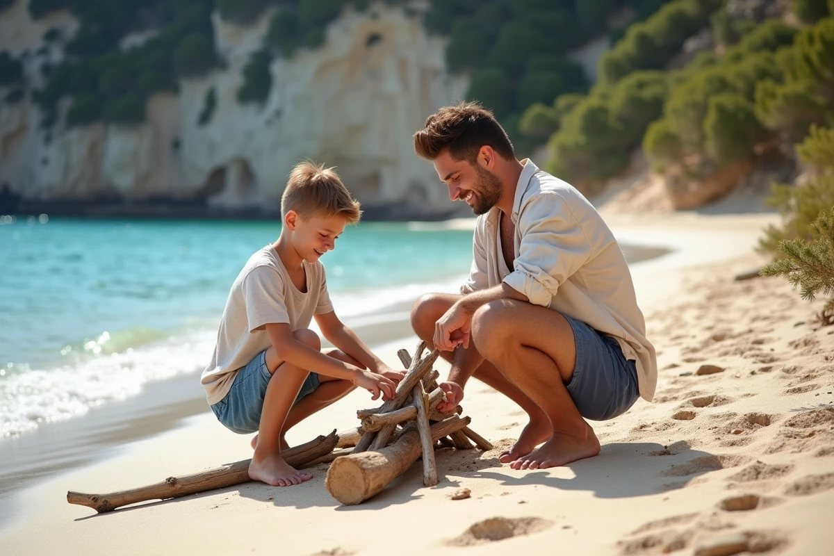 P&egrave;re et fils construisant un fort en bois sur la plage
