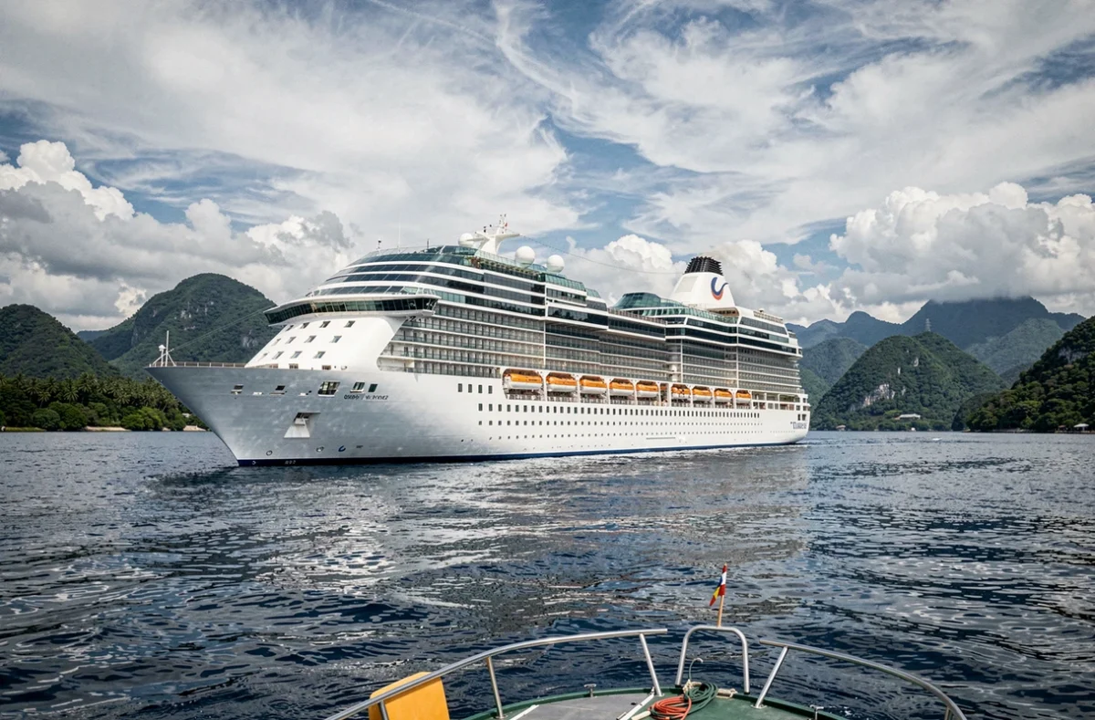 Paquebot de croisière ancré dans une baie tropicale entourée de montagnes verdoyantes, vue depuis la mer