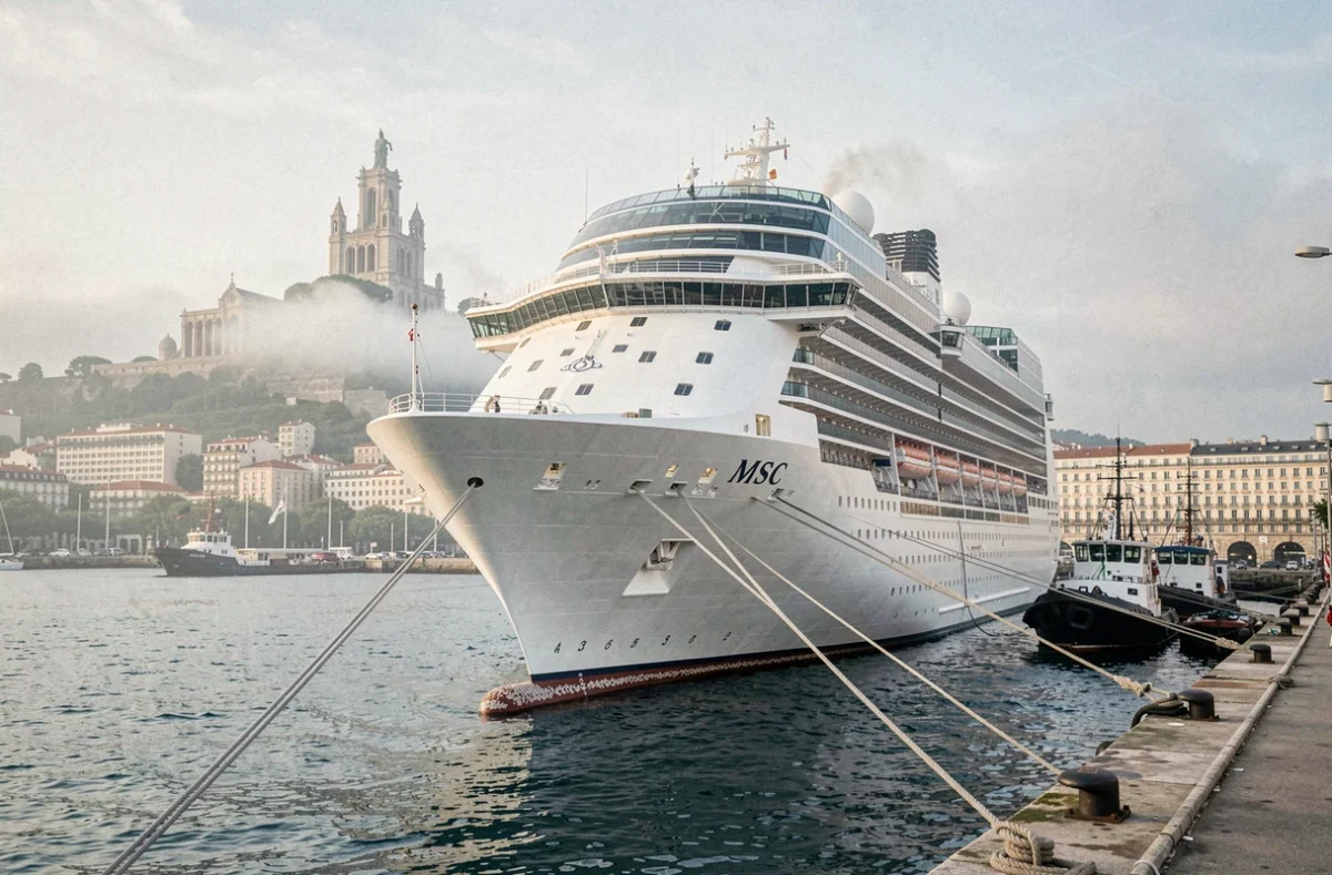 Paquebot MSC amarré au port de Marseille avec la basilique Notre-Dame de la Garde en arrière-plan