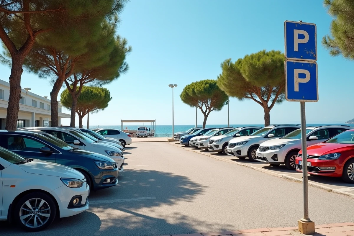 Parking en plein air au bord du port d'embarquement pour Porquerolles avec signalisation et voitures garées