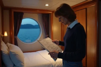 Femme d'âge moyen dans une cabine de ferry la nuit