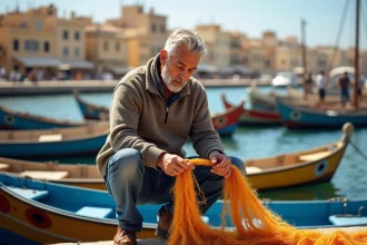 Pêcheur maltais réparant des filets de pêche colorés sur le quai