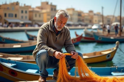 Pêcheur maltais réparant des filets de pêche colorés sur le quai