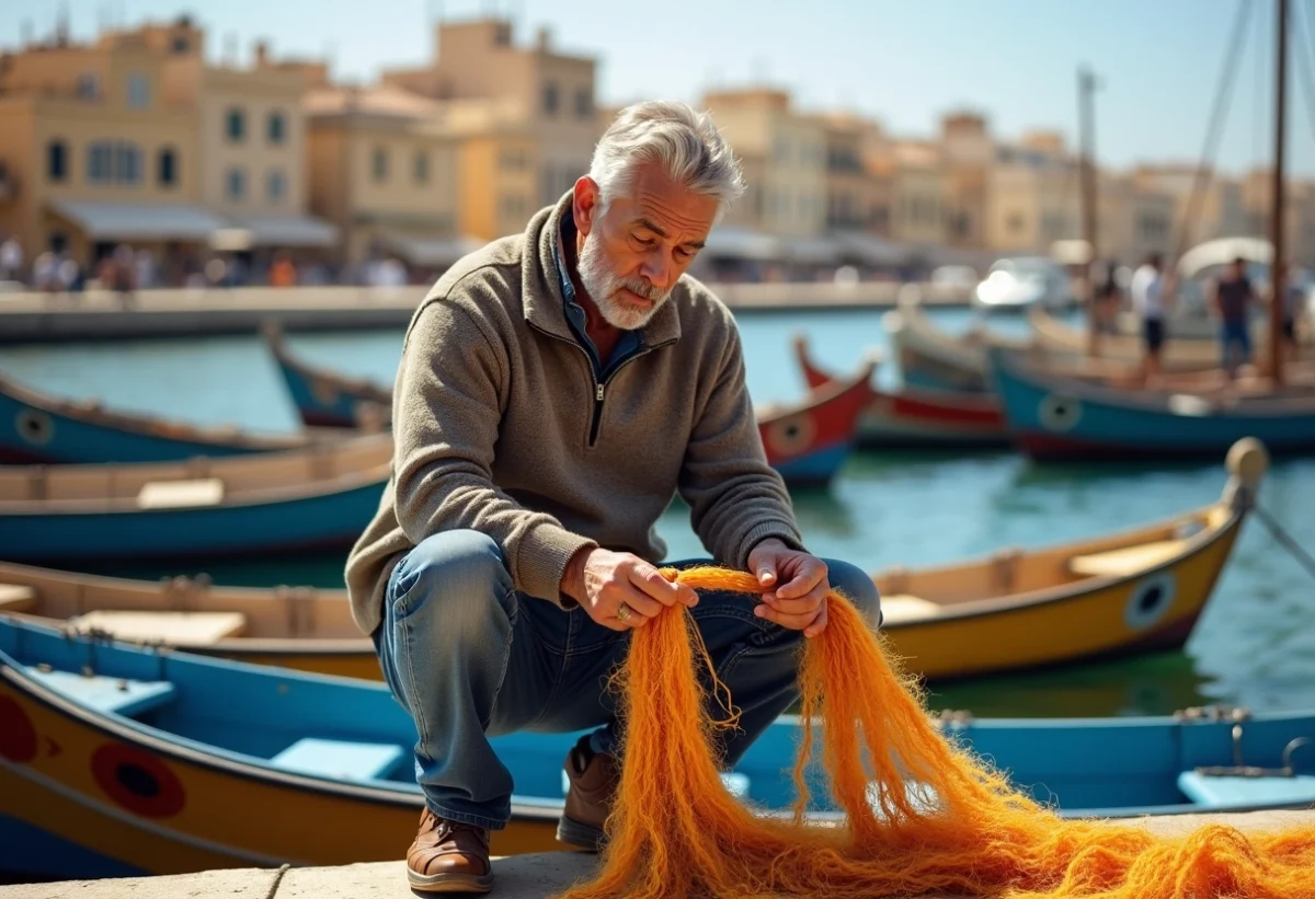 Pêcheur maltais réparant des filets de pêche colorés sur le quai