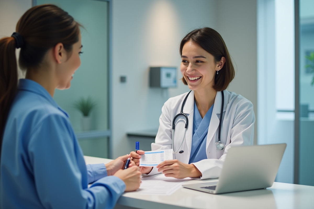 Personne recevant un certificat de vaccination à la clinique de voyage