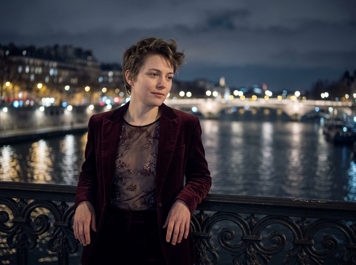 Personne non-binaire en blazer velours bordeaux appuyée sur un pont parisien la nuit avec la Seine illuminée en arrière-plan