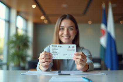 Personne souriante à l'ambassade tenant une carte consulaire