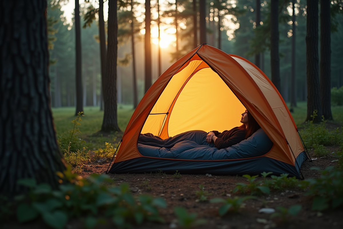 Personne dormant dans une tente en forêt au crépuscule