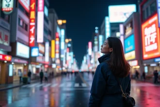 Photographe débutante admirant les néons de Shinjuku la nuit, reflets sur l'asphalte mouillé de Tokyo